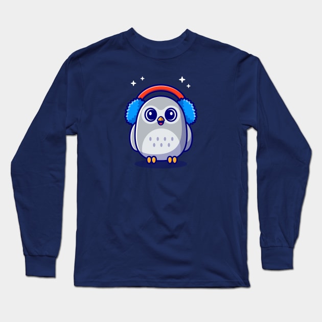 Cute Owl Wearing Earmuffs Cartoon Long Sleeve T-Shirt by Catalyst Labs